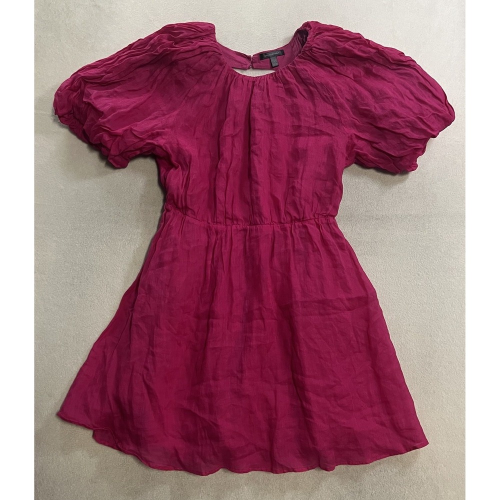 Banana Republic Ramie Open-Back Dress Magenta Pink Size Large Puff Sleeves